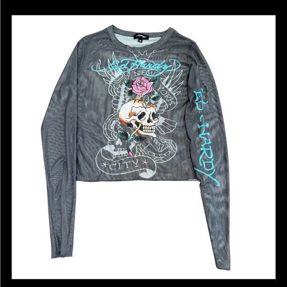 Ed Hardy Tops - Vintage Ed Hardy Mesh Sheer Long Sleeve Top Skull Rose Tattoo Graphic Women’s M